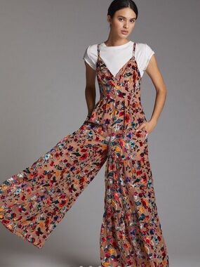 Anthropologie Flounced Floral Burnout Jumpsuit